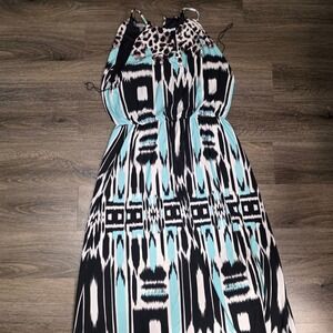 Roz & Ali Womens 12 Maxi Dress Turquoise Black Leopard Abstract Halter Boho